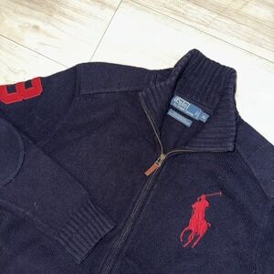 Vintage Polo Ralph Lauren Knit Sweater Men XL Navy Lambs wool Full Zip Rugby